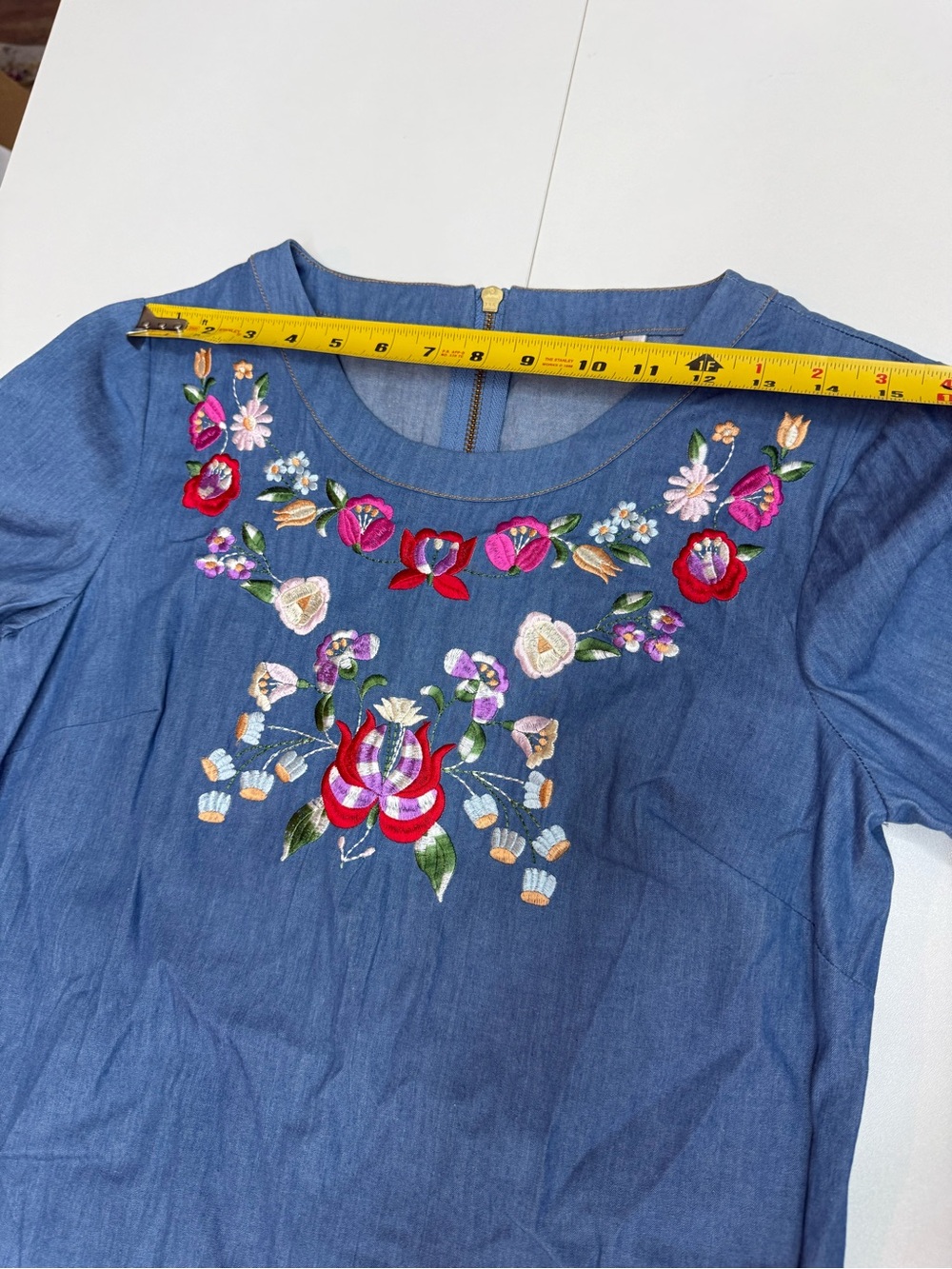 Poem by Oliver Bonas floral embroidered chambray denim shift dress size 10 - Picture 7 of 12